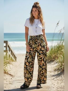 Volcom Tropical Wide Leg Pants Women Small Boho Beach Leaf Print Elastic Waist
